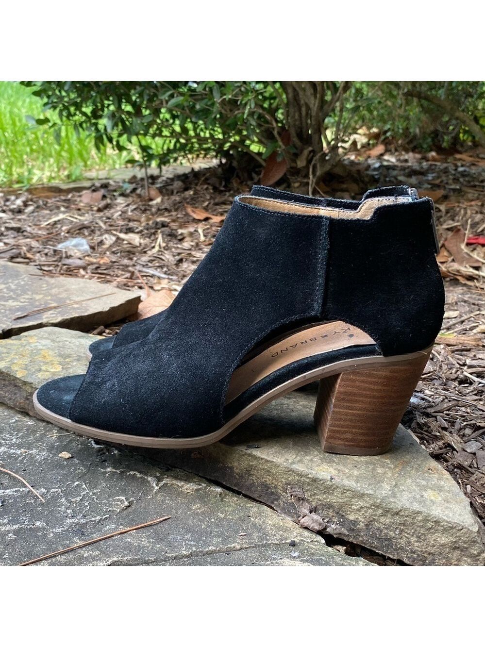 Lucky Brand Size 7.5 38 Keight Black Suede Leather Peep Booties Zipper